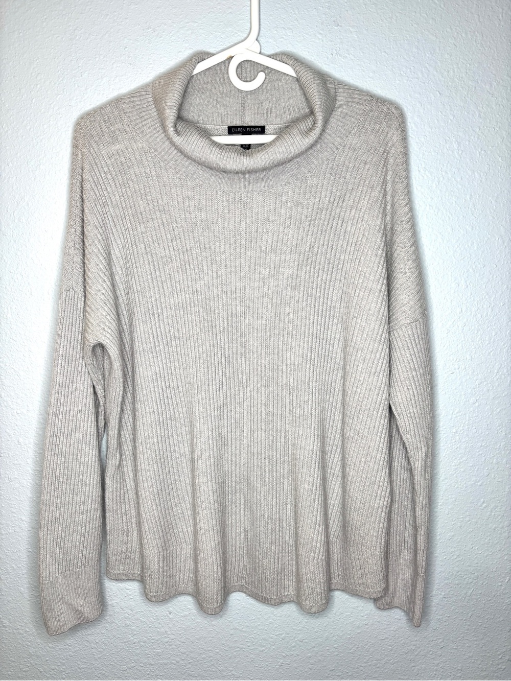 Eileen Fisher Ribbed Gray Merino Wool Cowl Neck Loose Fit Sweater L